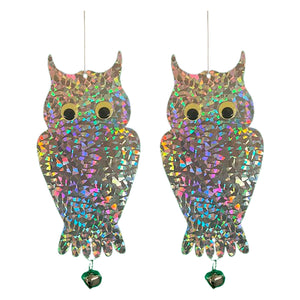 2 Pack PESTEZE® Holographic Shiny Owl Bird Repellent with Bell [6 x 13.5 inch] Reflection Scares Pest Birds like Woodpeckers, Sparrows, Pigeons, Crows, & Gulls Without Harming them to Protect Property