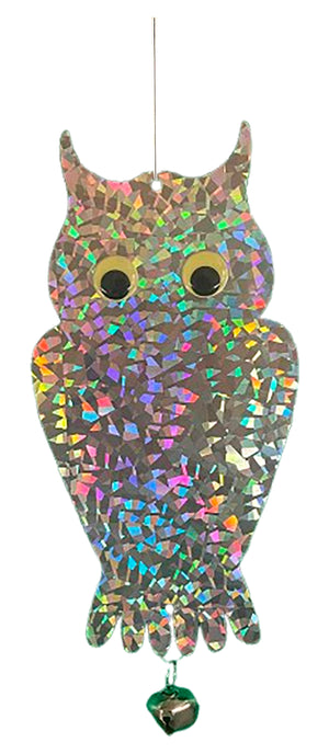 2 Pack PESTEZE® Holographic Shiny Owl Bird Repellent with Bell [6 x 13.5 inch] Reflection Scares Pest Birds like Woodpeckers, Sparrows, Pigeons, Crows, & Gulls Without Harming them to Protect Property