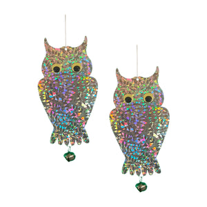 2 Pack PESTEZE® Holographic Shiny Owl Bird Repellent with Bell [6 x 13.5 inch] Reflection Scares Pest Birds like Woodpeckers, Sparrows, Pigeons, Crows, & Gulls Without Harming them to Protect Property