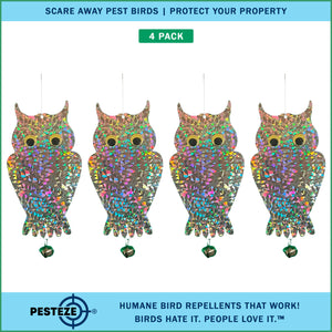 2 Pack PESTEZE® Holographic Shiny Owl Bird Repellent with Bell [6 x 13.5 inch] Reflection Scares Pest Birds like Woodpeckers, Sparrows, Pigeons, Crows, & Gulls Without Harming them to Protect Property