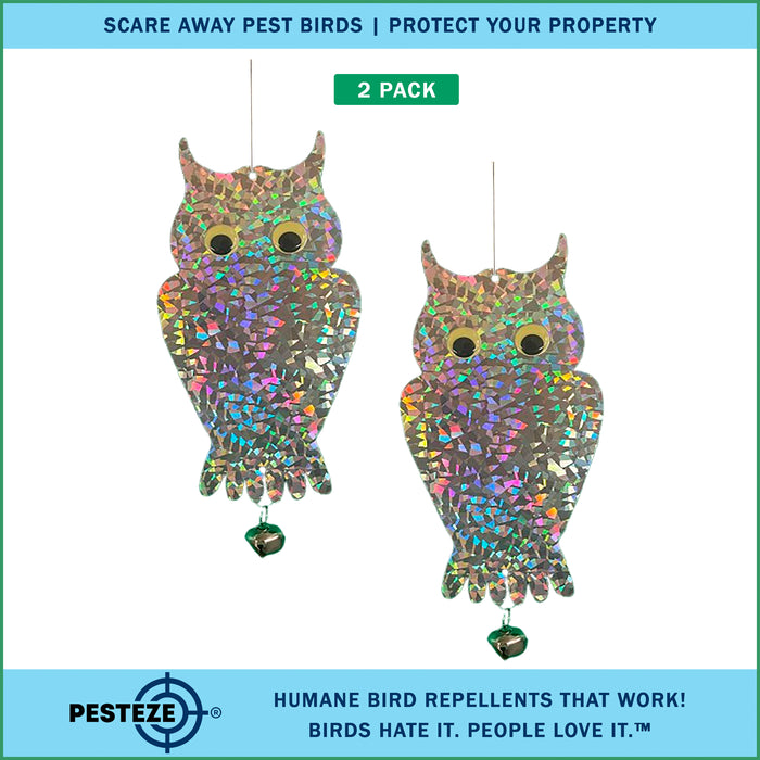 2 Pack PESTEZE® Holographic Shiny Owl Bird Repellent with Bell [6 x 13.5 inch] Reflection Scares Pest Birds like Woodpeckers, Sparrows, Pigeons, Crows, & Gulls Without Harming them to Protect Property