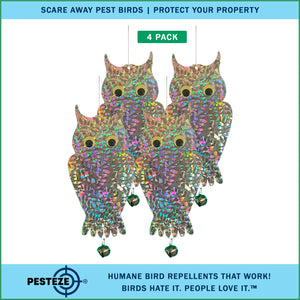 4 Pack PESTEZE® Shiny Holographic Owl Bird Repellent with Bell & Swivel [6 x 13.5 inch] Reflection Scares Pest Birds like Woodpeckers, Sparrows, Pigeons, Crows & Gulls without Harming them to Protect Property