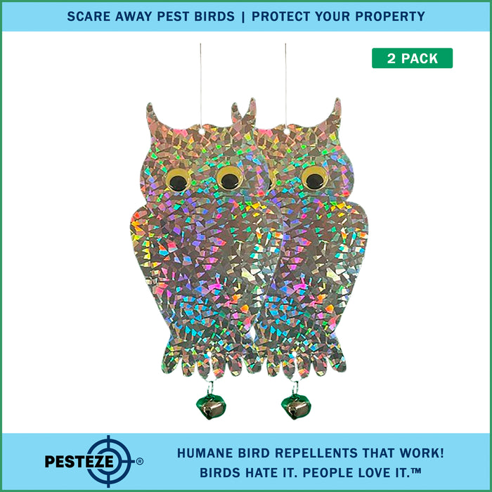 2 Pack PESTEZE® Holographic Shiny Owl Bird Repellent with Bell [6 x 13.5 inch] Reflection Scares Pest Birds like Woodpeckers, Sparrows, Pigeons, Crows, & Gulls Without Harming them to Protect Property