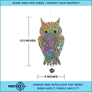 2 Pack PESTEZE® Holographic Shiny Owl Bird Repellent with Bell [6 x 13.5 inch] Reflection Scares Pest Birds like Woodpeckers, Sparrows, Pigeons, Crows, & Gulls Without Harming them to Protect Property