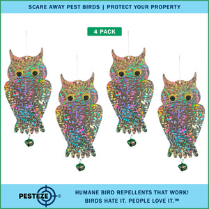 4 Pack PESTEZE® Shiny Holographic Owl Bird Repellent with Bell & Swivel [6 x 13.5 inch] Reflection Scares Pest Birds like Woodpeckers, Sparrows, Pigeons, Crows & Gulls without Harming them to Protect Property