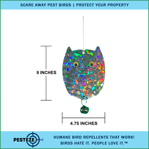 4 Pack PESTEZE® Holographic Shiny Owl Bird Repellents with Bell [3.5 x 5 inch] Reflection Scares Pest Birds like Woodpeckers, Sparrows, Pigeons, Crows & Gulls without Harming them to Protect Property