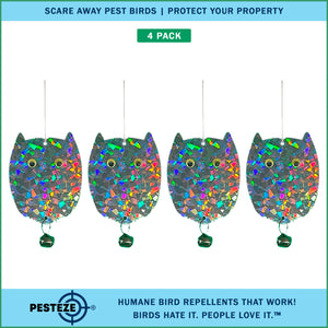 4 Pack PESTEZE® Holographic Shiny Owl Bird Repellents with Bell [3.5 x 5 inch] Reflection Scares Pest Birds like Woodpeckers, Sparrows, Pigeons, Crows & Gulls without Harming them to Protect Property