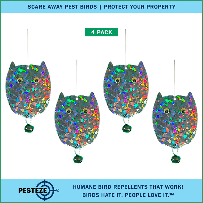 4 Pack PESTEZE® Holographic Shiny Owl Bird Repellents with Bell [3.5 x 5 inch] Reflection Scares Pest Birds like Woodpeckers, Sparrows, Pigeons, Crows & Gulls without Harming them to Protect Property