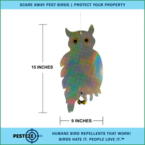 PESTEZE® Holographic Shiny Owl Bird Repellent With 2 Bells [9 x 15 inch] Reflection & Sound Scares Woodpeckers, Pigeons, Crows, Ducks, Geese & Critters from Yards Without Harming them to Protect Property