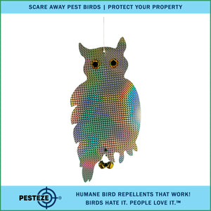 PESTEZE® Holographic Shiny Owl Bird Repellent With 2 Bells [9 x 15 inch] Reflection & Sound Scares Woodpeckers, Pigeons, Crows, Ducks, Geese & Critters from Yards Without Harming them to Protect Property