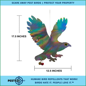 PESTEZE® Shiny Holographic Owl Bird Repellent with 2 Bells [12.5 x 16 inch] Sound & Reflection Deters Woodpeckers, Pigeons, Crows, Ducks, Geese & Critters from Yards without Harming them to Protect Property