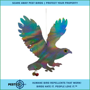 PESTEZE® Shiny Holographic Owl Bird Repellent with 2 Bells [12.5 x 16 inch] Sound & Reflection Deters Woodpeckers, Pigeons, Crows, Ducks, Geese & Critters from Yards without Harming them to Protect Property