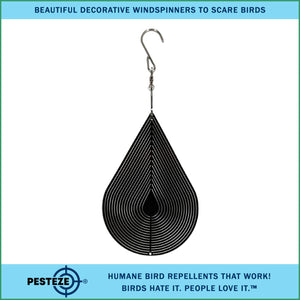 PESTEZE® Water Droplet Stainless Steel Highly Reflective Decorative 3D Wind Spinner for Repelling Unwanted Pest Birds & Critters. 4 x 8.5 Inch Premium Shiny, Attractive, Durable & Humane Bird Deterrent