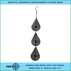 3 Piece PESTEZE® Water Droplet Stainless Steel Highly Reflective Decorative 3D Wind Spinner for Repelling Unwanted Birds & Critters. 2.6 X 15.5 Inch Premium Shiny, Attractive, Everlasting & Sturdy Bird Deterrent