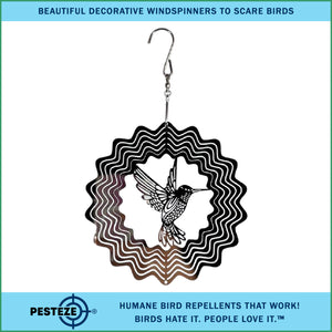 PESTEZE® Hummingbird Stainless Steel Highly Reflective Decorative 3D Wind Spinner for Deterring Unwanted Pest Birds & Critters. 5 X 8 Inch Premium Shiny, Beautiful, Long Lasting & Humane Bird Repellent