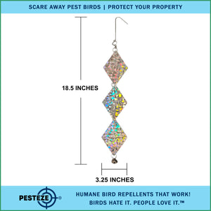 3 Pack PESTEZE® Set of 3 Shiny Holographic Squares with Bell [3.25 x 18.5 inch] Reflection Scares Pest Birds like Woodpeckers, Sparrows, Pigeons, Crows & Gulls without Harming them to Protect Property