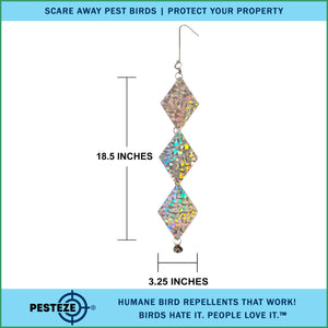 3 Pack PESTEZE® Set of 3 Shiny Holographic Squares with Bell [3.25 x 18.5 inch] Reflection Scares Pest Birds like Woodpeckers, Sparrows, Pigeons, Crows & Gulls without Harming them to Protect Property