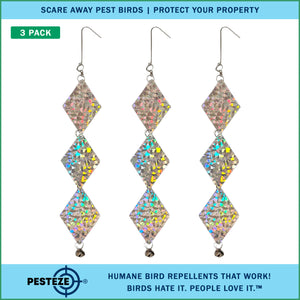 3 Pack PESTEZE® Set of 3 Shiny Holographic Squares with Bell [3.25 x 18.5 inch] Reflection Scares Pest Birds like Woodpeckers, Sparrows, Pigeons, Crows & Gulls without Harming them to Protect Property