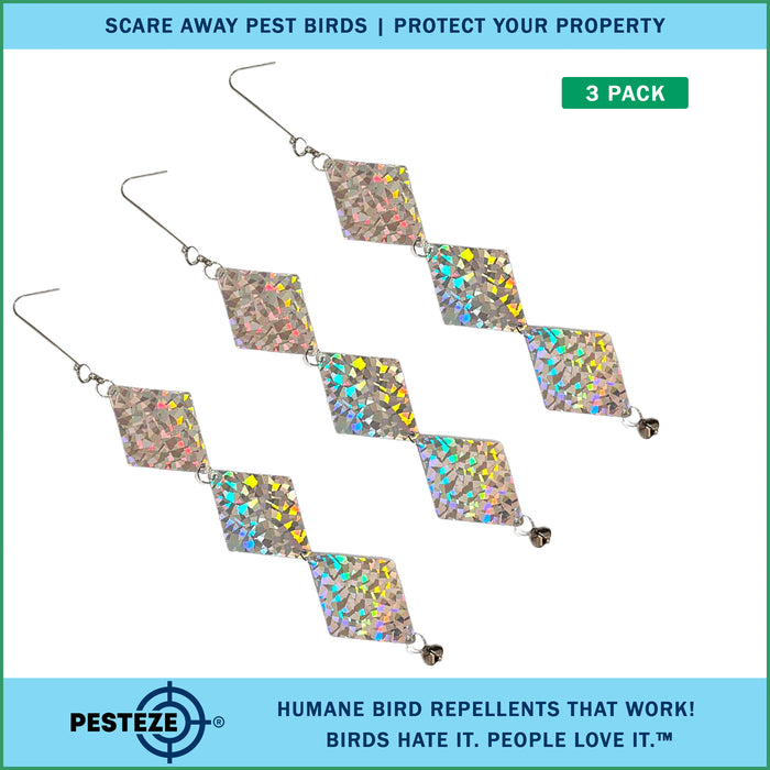 3 Pack PESTEZE® Set of 3 Shiny Holographic Squares with Bell [3.25 x 18.5 inch] Reflection Scares Pest Birds like Woodpeckers, Sparrows, Pigeons, Crows & Gulls without Harming them to Protect Property