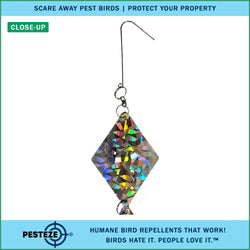 3 Pack PESTEZE® Set of 3 Shiny Holographic Squares with Bell [3.25 x 18.5 inch] Reflection Scares Pest Birds like Woodpeckers, Sparrows, Pigeons, Crows & Gulls without Harming them to Protect Property