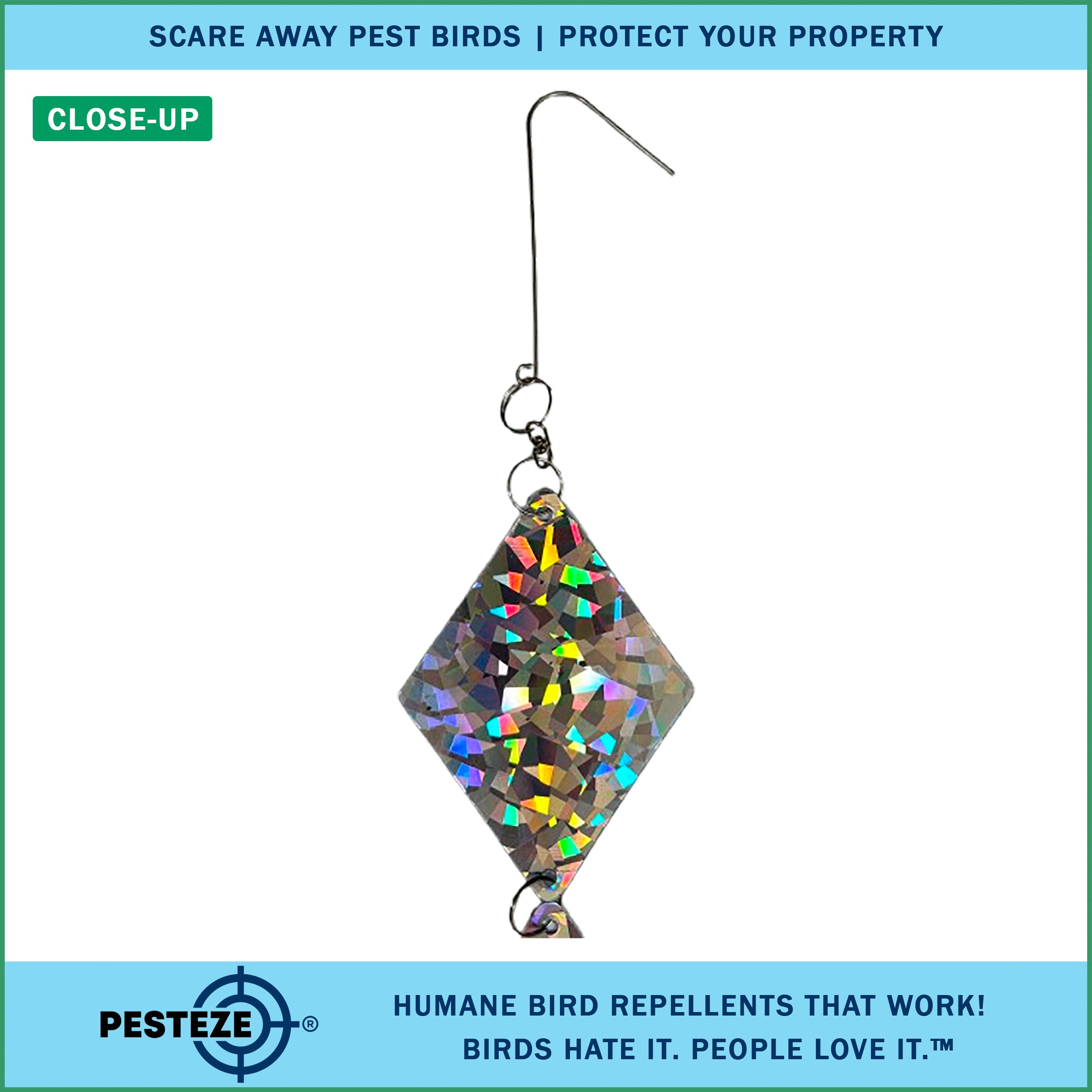 3 Pack PESTEZE® Set of 3 Shiny Holographic Squares with Bell [3.25 x 18.5 inch] Reflection Scares Pest Birds like Woodpeckers, Sparrows, Pigeons, Crows & Gulls without Harming them to Protect Property