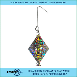 3 Pack PESTEZE® Set of 3 Shiny Holographic Squares with Bell [3.25 x 18.5 inch] Reflection Scares Pest Birds like Woodpeckers, Sparrows, Pigeons, Crows & Gulls without Harming them to Protect Property