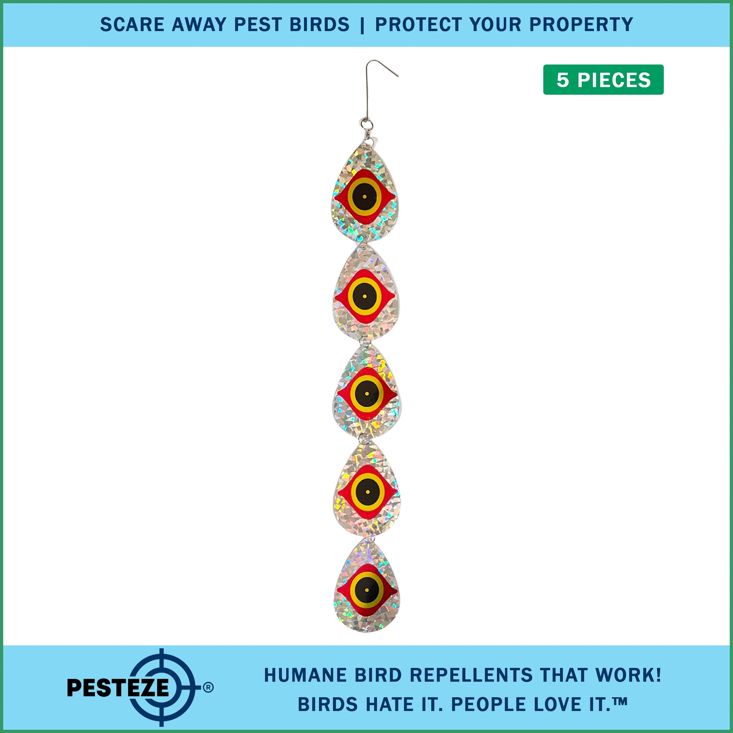 5 Piece PESTEZE® Shiny Water Droplet Repellents With Predator Eye [3.25 x 30 inch] Reflection Scares Pest Birds like Woodpeckers, Sparrows, Pigeons, Crows & Gulls without Harming them to Protect Property