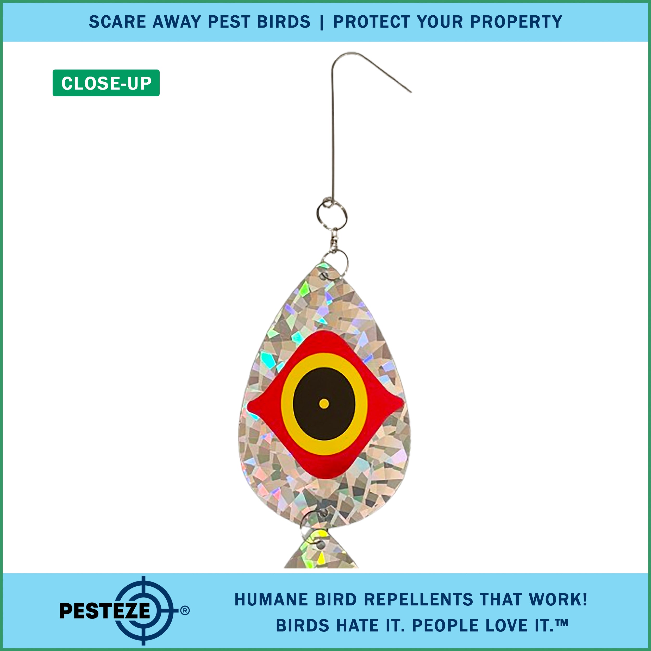 5 Piece PESTEZE® Shiny Water Droplet Repellents With Predator Eye [3.25 x 30 inch] Reflection Scares Pest Birds like Woodpeckers, Sparrows, Pigeons, Crows & Gulls without Harming them to Protect Property
