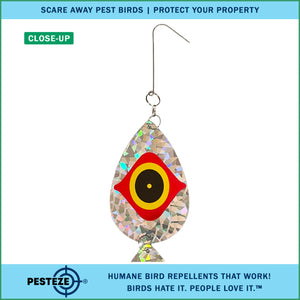 5 Piece PESTEZE® Shiny Water Droplet Repellents With Scare Eye [3.25 x 30 inch] Reflection Scares Pest Birds like Woodpeckers, Sparrows, Pigeons, Crows & Gulls without Harming them to Protect Property