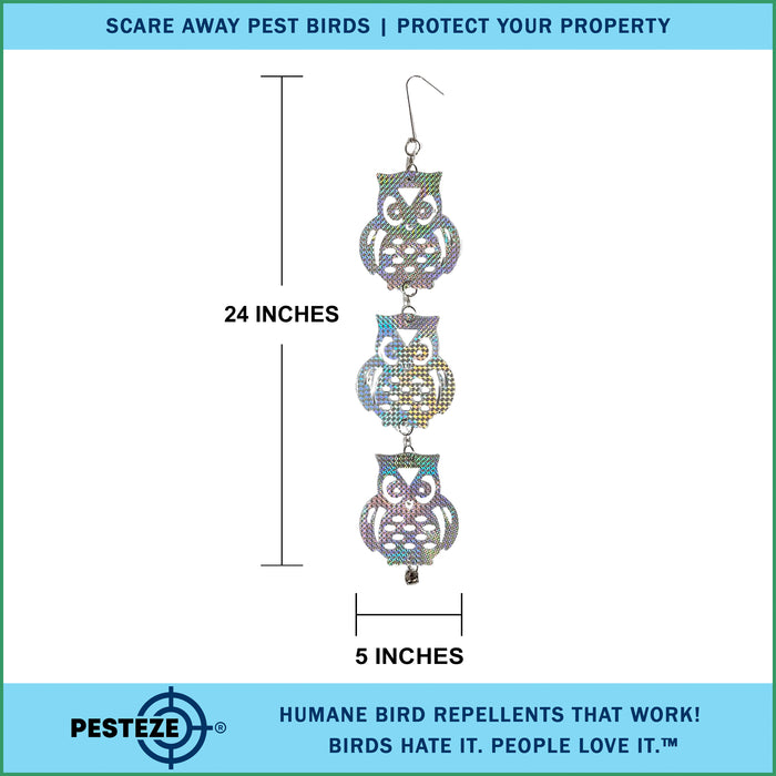 3 Piece PESTEZE® Shiny Holographic Owl Bird Repellents [5 x 24 inch] Reflection Scares Pest Birds like Woodpeckers, Sparrows, Pigeons, Crows & Gulls without Harming them to Protect Property