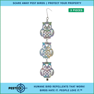 3 Piece PESTEZE® Shiny Holographic Owl Bird Repellents [5 x 24 inch] Reflection Scares Pest Birds like Woodpeckers, Sparrows, Pigeons, Crows & Gulls without Harming them to Protect Property