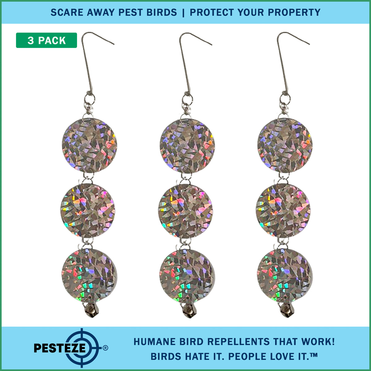 PESTEZE® USA Bird Deterrent Holographic Reflective Circles with Bell Hanging Repellent, 3 Pack 3 x 15 Inch Shiny Flash Scare Birds Away Outdoor for Porch Garden Yard Deck Balcony Roof Protection
