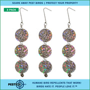 PESTEZE® USA Bird Deterrent Holographic Reflective Circles with Bell Hanging Repellent, 3 Pack 3 x 15 Inch Shiny Flash Scare Birds Away Outdoor for Porch Garden Yard Deck Balcony Roof Protection