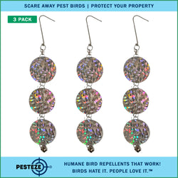 3 Pack PESTEZE® Set of 3 Holographic Shiny Circles with Bell [3 x 15 inch] Reflection Scares Pest Birds like Woodpeckers, Sparrows, Pigeons, Crows & Gulls without Harming them to Protect Property