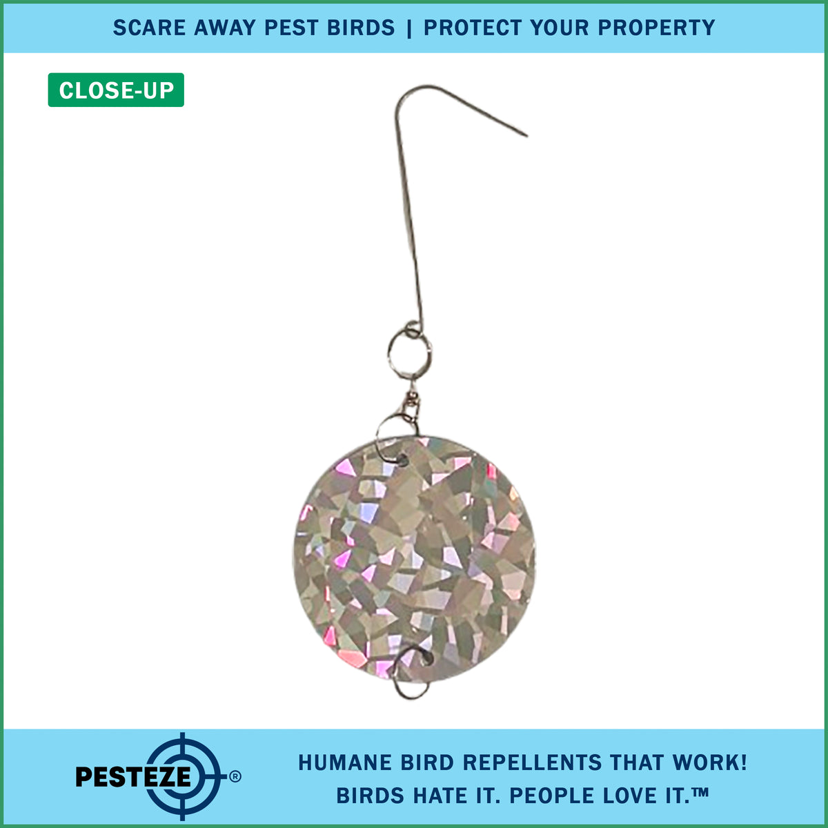 PESTEZE® USA Bird Deterrent Holographic Reflective Circles with Bell Hanging Repellent, 3 Pack 3 x 15 Inch Shiny Flash Scare Birds Away Outdoor for Porch Garden Yard Deck Balcony Roof Protection