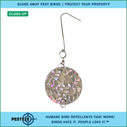3 Pack PESTEZE® Set of 3 Holographic Shiny Circles with Bell [3 x 15 inch] Reflection Scares Pest Birds like Woodpeckers, Sparrows, Pigeons, Crows & Gulls without Harming them to Protect Property