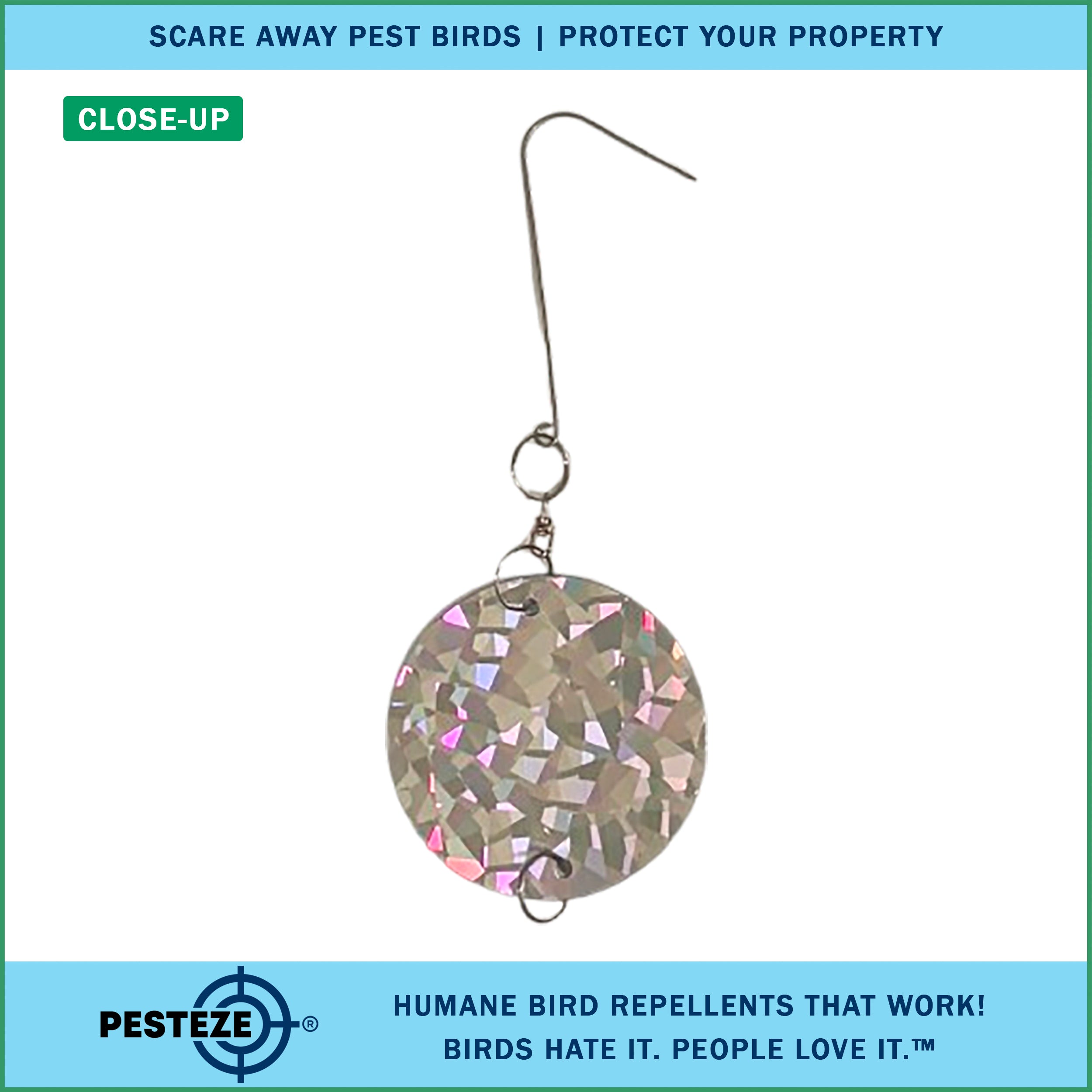 3 Pack PESTEZE® Set of 3 Holographic Shiny Circles with Bell [3 x 15 inch] Reflection Scares Pest Birds like Woodpeckers, Sparrows, Pigeons, Crows & Gulls without Harming them to Protect Property