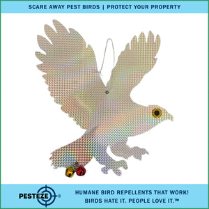 PESTEZE® Shiny Holographic Owl Bird Repellent with 2 Bells [12.5 x 16 inch] Sound & Reflection Deters Woodpeckers, Pigeons, Crows, Ducks, Geese & Critters from Yards without Harming them to Protect Property