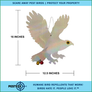 PESTEZE® Shiny Holographic Owl Bird Repellent with 2 Bells [12.5 x 16 inch] Sound & Reflection Deters Woodpeckers, Pigeons, Crows, Ducks, Geese & Critters from Yards without Harming them to Protect Property