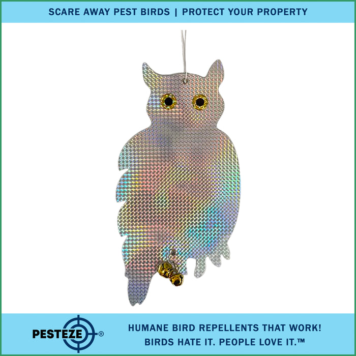 PESTEZE® Holographic Shiny Owl Bird Repellent With 2 Bells [9 x 15 inch] Reflection & Sound Scares Woodpeckers, Pigeons, Crows, Ducks, Geese & Critters from Yards Without Harming them to Protect Property