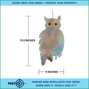 PESTEZE® Holographic Shiny Owl Bird Repellent With 2 Bells [9 x 15 inch] Reflection & Sound Scares Woodpeckers, Pigeons, Crows, Ducks, Geese & Critters from Yards Without Harming them to Protect Property