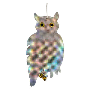 PESTEZE® Holographic Shiny Owl Bird Repellent With 2 Bells [9 x 15 inch] Reflection & Sound Scares Woodpeckers, Pigeons, Crows, Ducks, Geese & Critters from Yards Without Harming them to Protect Property