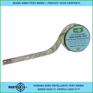 PESTEZE® Holographic Dual Sided Reflective & Sound Bird Scare Tape [1 Inch x 295 ft] Use in Yards & Farms to Protect Vegetables, Fruits, Crops & Buildings from Pest Birds & Critters without Harming them