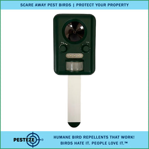 PESTEZE® Solar Ultrasonic Bird Repeller. Detects & Deters  Pest Birds like Woodpeckers, Pigeons, Crows, Ducks, Geese & Critters from Yards using Ultrasonic Sounds. Does not Harm Birds or People