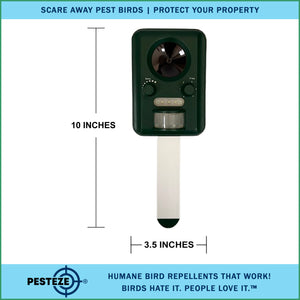 PESTEZE® Solar Ultrasonic Bird Repeller. Detects & Deters  Pest Birds like Woodpeckers, Pigeons, Crows, Ducks, Geese & Critters from Yards using Ultrasonic Sounds. Does not Harm Birds or People