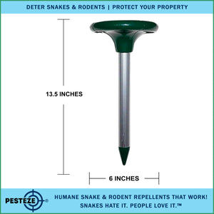 PESTEZE® Solar Snake & Rodent Sound Deterrent. Auditable Sound Deters Snakes & Burrowing Rodents like Moles, Voles Gophers, Chipmunks, Groundhogs & Woodchucks from Destroying Gardens & Vegetables