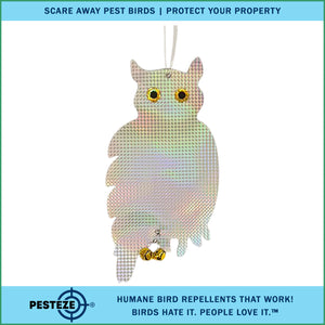 PESTEZE® Holographic Shiny Owl Bird Repellent With 2 Bells [9 x 15 inch] Reflection & Sound Scares Woodpeckers, Pigeons, Crows, Ducks, Geese & Critters from Yards Without Harming them to Protect Property