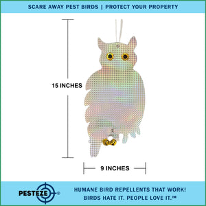 PESTEZE® Holographic Shiny Owl Bird Repellent With 2 Bells [9 x 15 inch] Reflection & Sound Scares Woodpeckers, Pigeons, Crows, Ducks, Geese & Critters from Yards Without Harming them to Protect Property