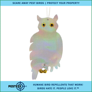 PESTEZE® Holographic Shiny Owl Bird Repellent With 2 Bells [9 x 15 inch] Reflection & Sound Scares Woodpeckers, Pigeons, Crows, Ducks, Geese & Critters from Yards Without Harming them to Protect Property