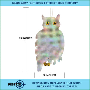 PESTEZE® Holographic Shiny Owl Bird Repellent With 2 Bells [9 x 15 inch] Reflection & Sound Scares Woodpeckers, Pigeons, Crows, Ducks, Geese & Critters from Yards Without Harming them to Protect Property